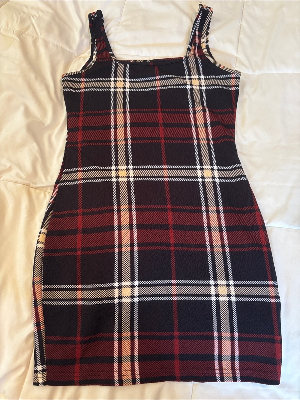 SHEIN Black and Burgundy Plaid Sleeveless Bodycon Mini Dress